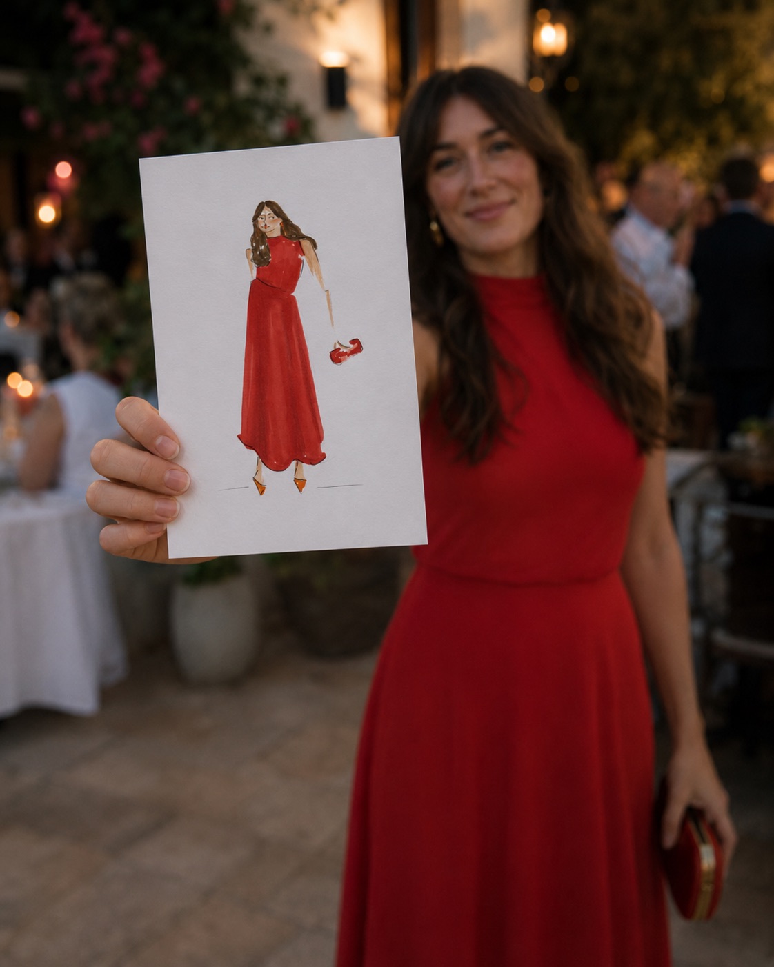 Invitada de boda sujetando una ilustración