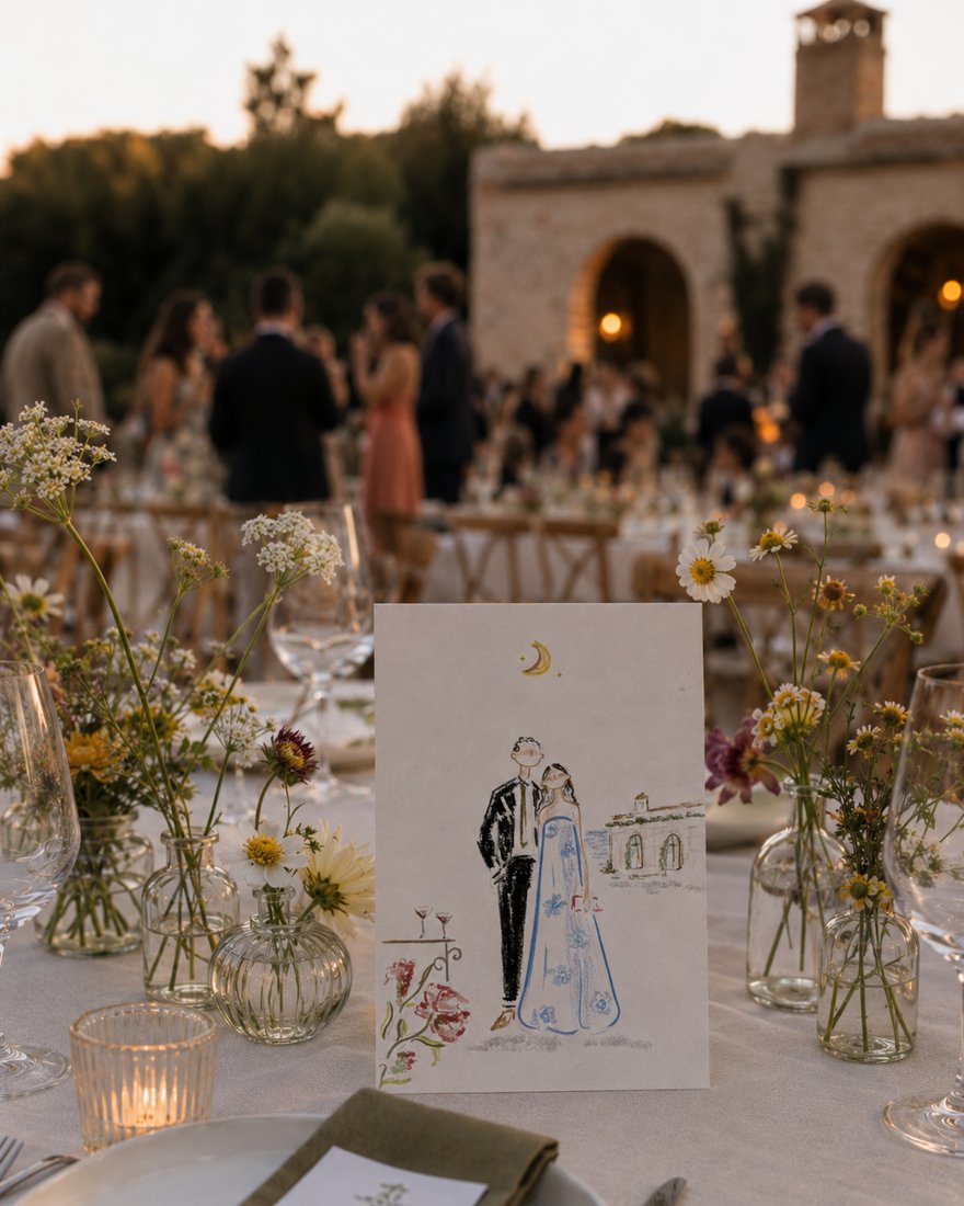 Ilustraciones DELUNA en mesa de boda