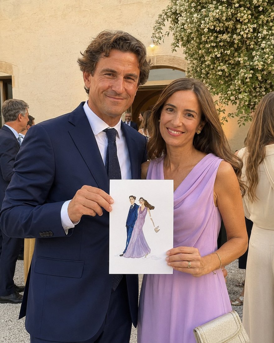 Invitada de boda sujetando una ilustración